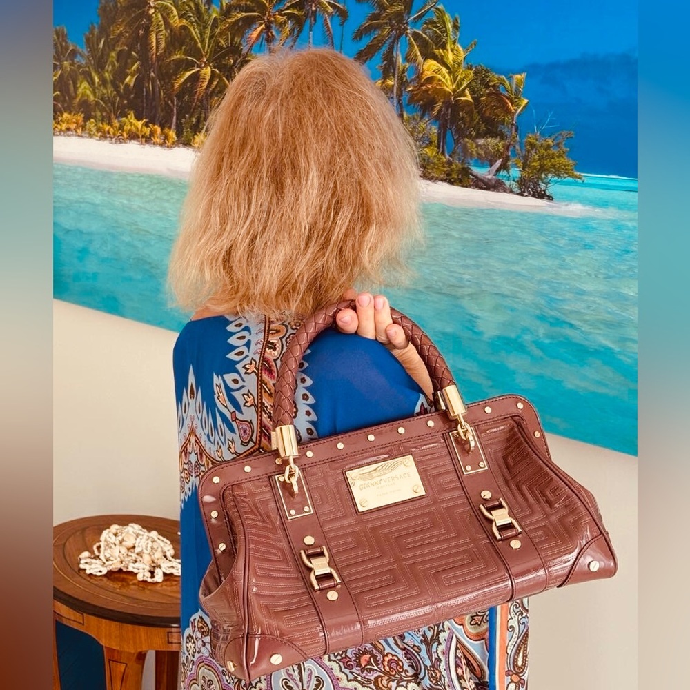 New Versace Patent  Quilted Leather Satchel with Gold Hardware.